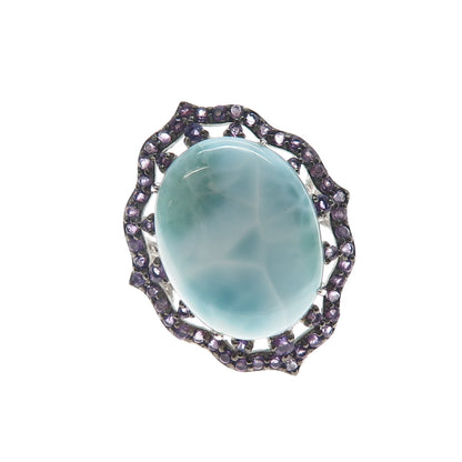925 Sterling Silver Real Larimar & Amethyst Ring Size 7.25