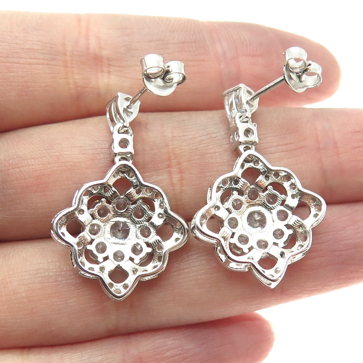 925 Sterling Silver Pear & Round-Cut Shaped C Z Dangle Earrings