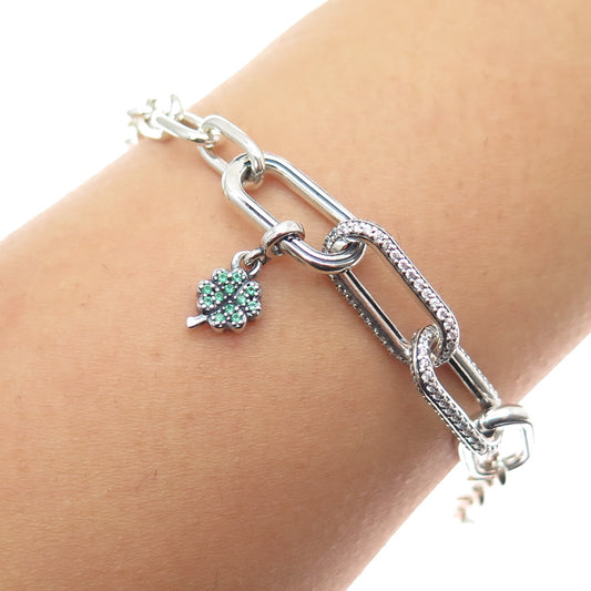 PANDORA 925 Sterling Silver White & Green C Z Clover Bracelet w/ Extension 6-7"
