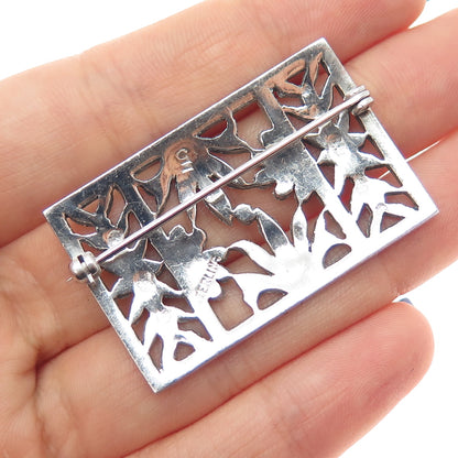 925 Sterling Silver Antique Art Deco Real Marcasite Floral Oxidized Pin Brooch