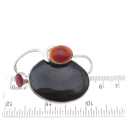 925 Sterling Silver Vintage Real Multi-Agate & Carnelian Modernist Slide Pendant