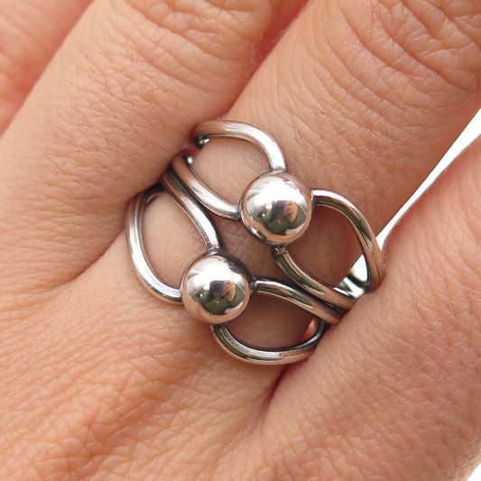 925 Sterling Silver Vintage Modernist Beaded Overlap Oxidized Ring Size 8.75