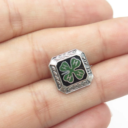 925 Sterling Silver Vintage Metal Illinois Enamel "Fifth" Clover Lucky Brooch