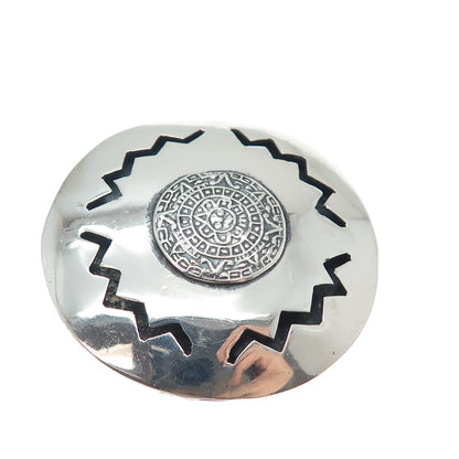 925 Sterling Silver Vintage JS Mexico Mayan Calendar Disc Pin Brooch / Pendant