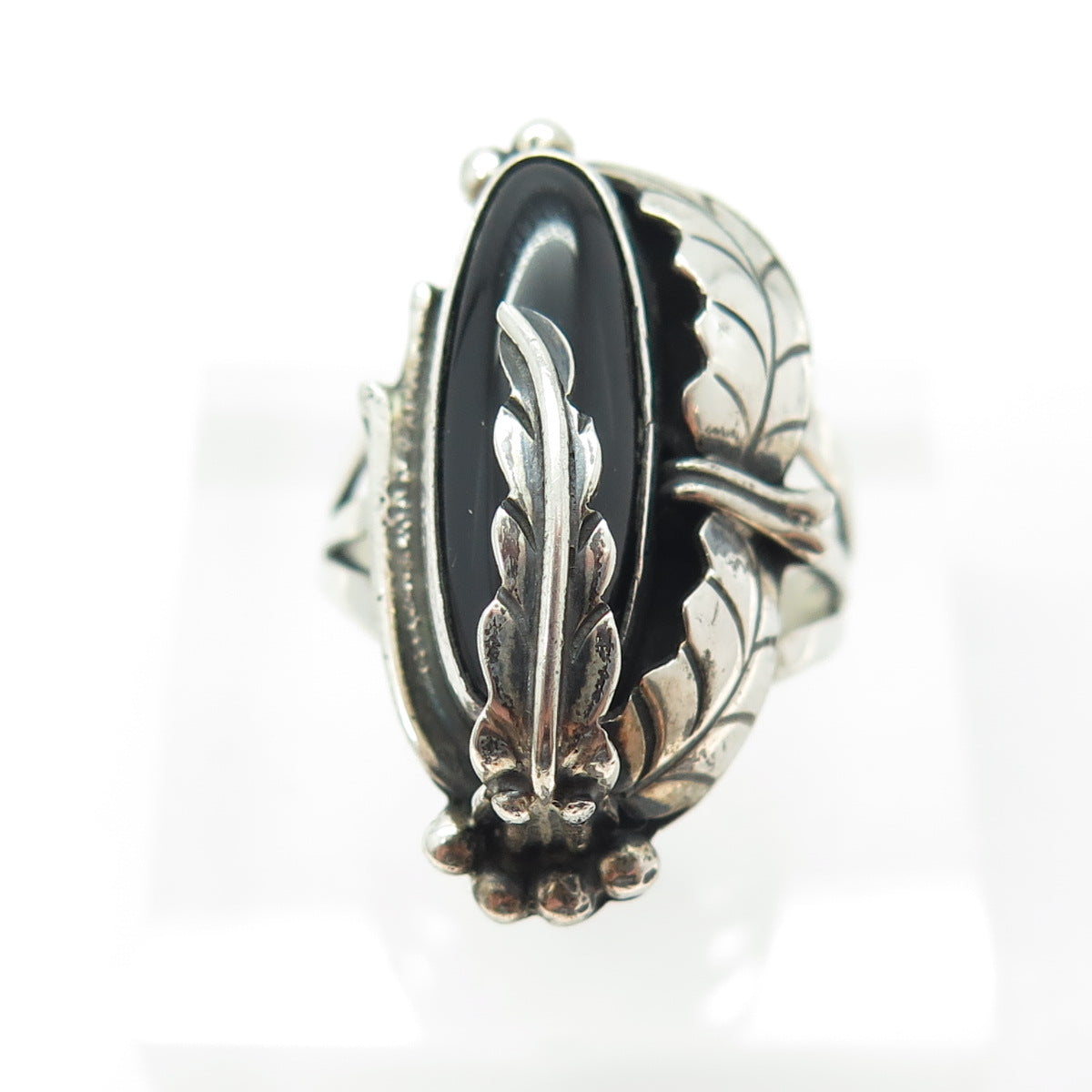 JAMES HARRISON NAVAJO Old Pawn Sterling Silver Black Onyx Feather Ring Size 8.75