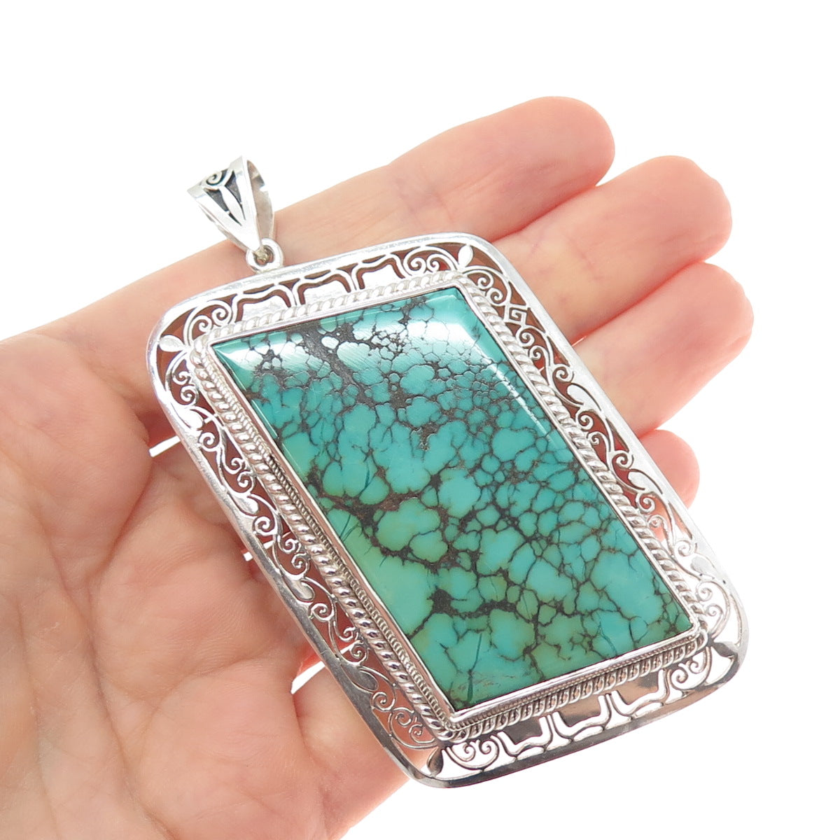925 Sterling Silver Vintage Real Peacock Turquoise Heavy 59.0g Large Pendant