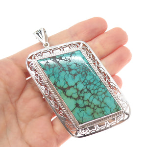 925 Sterling Silver Vintage Real Peacock Turquoise Heavy 59.0g Large Pendant