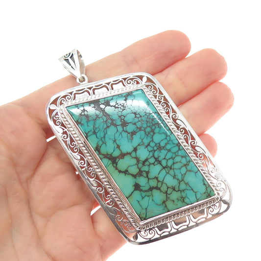 925 Sterling Silver Vintage Real Peacock Turquoise Heavy 59.0g Large Pendant