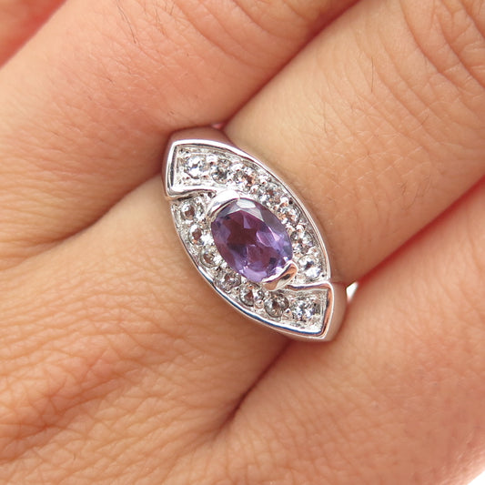 925 Sterling Silver Real Amethyst & White Topaz Evil's Eye Ring Size 7.25