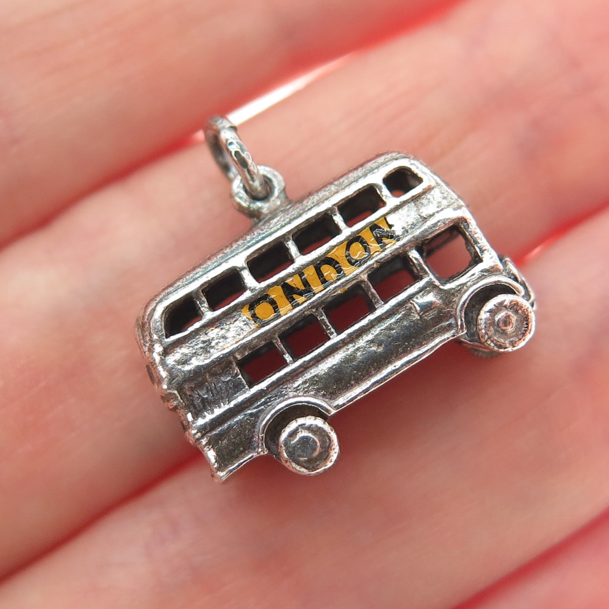 925 Sterling Silver Vintage Enamel London Bus Oxidized Mini 3D Movable Pendant