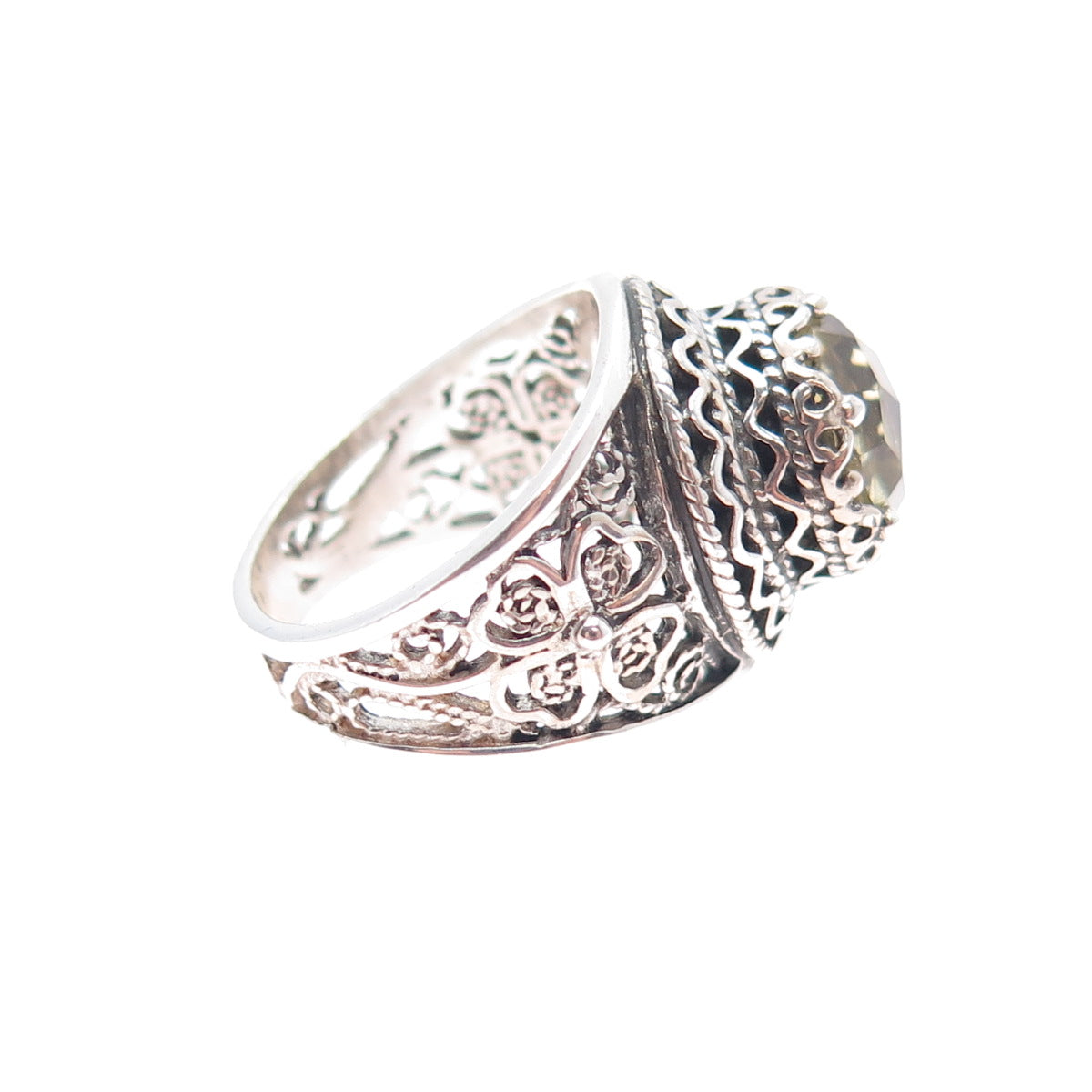 925 Sterling Silver Vintage Real Citrine Filigree Clover Lucky Ring Size 6