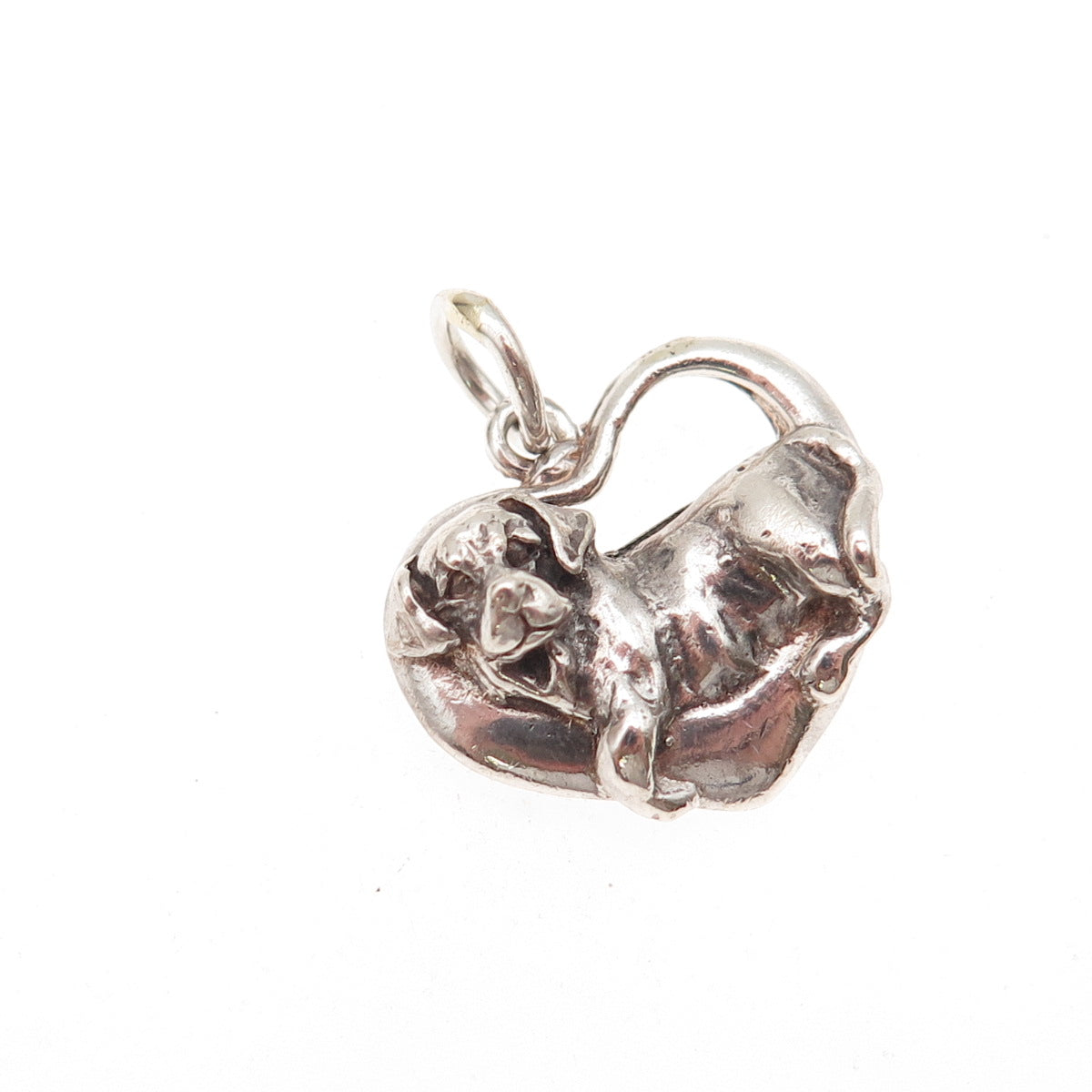925 Sterling Silver Vintage Dog Heart Oxidized Charm Pendant