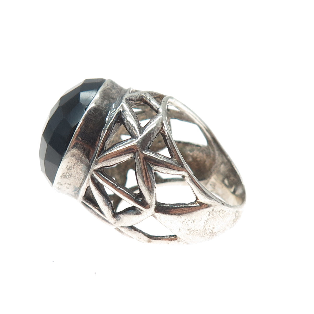925 Sterling Silver Vintage Real Black Spinel Modernist Oxidized Ring Size 7.25