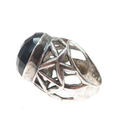 925 Sterling Silver Vintage Real Black Spinel Modernist Oxidized Ring Size 7.25