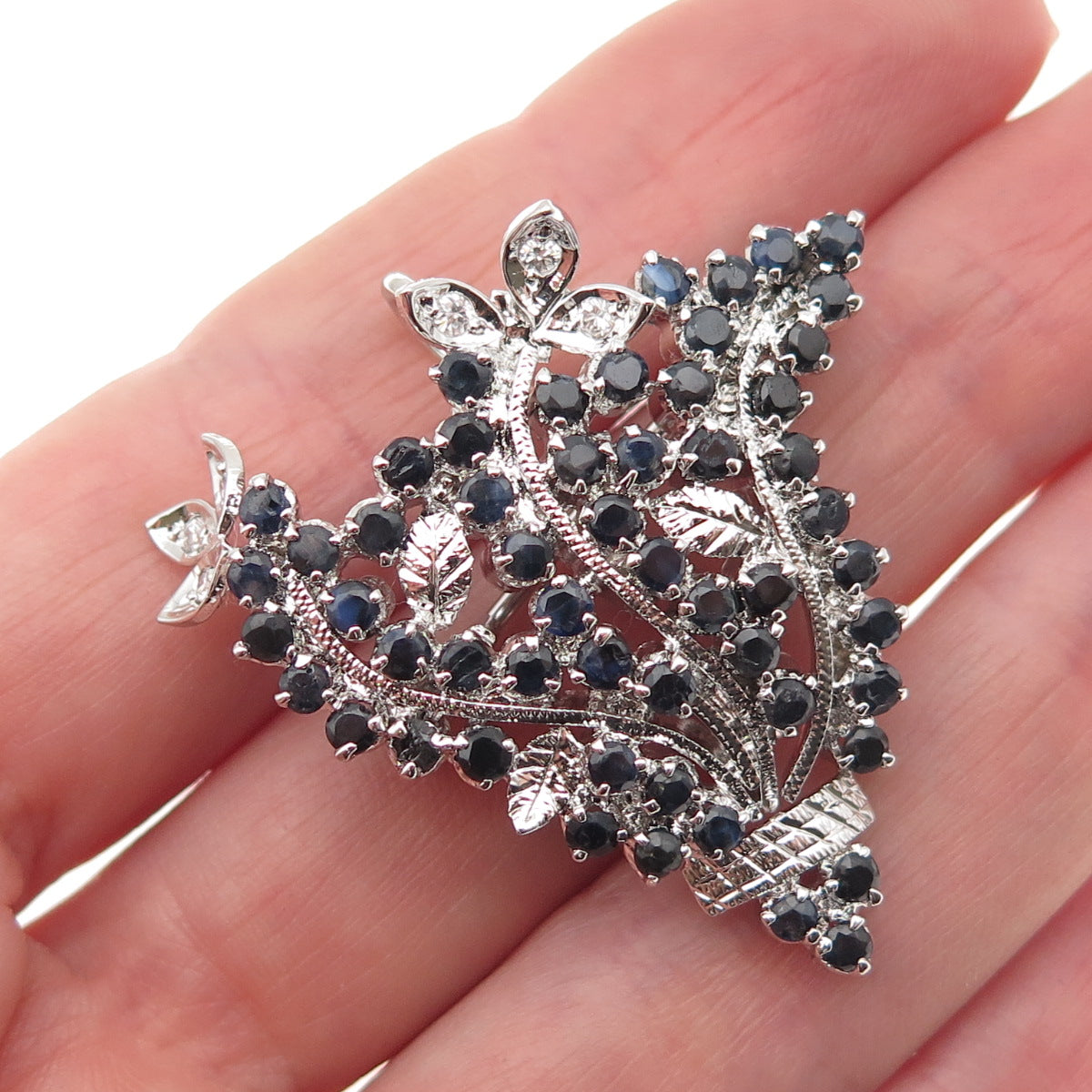 925 Sterling Silver Vintage Real Sapphire & C Z Floral Pin Brooch / Pendant