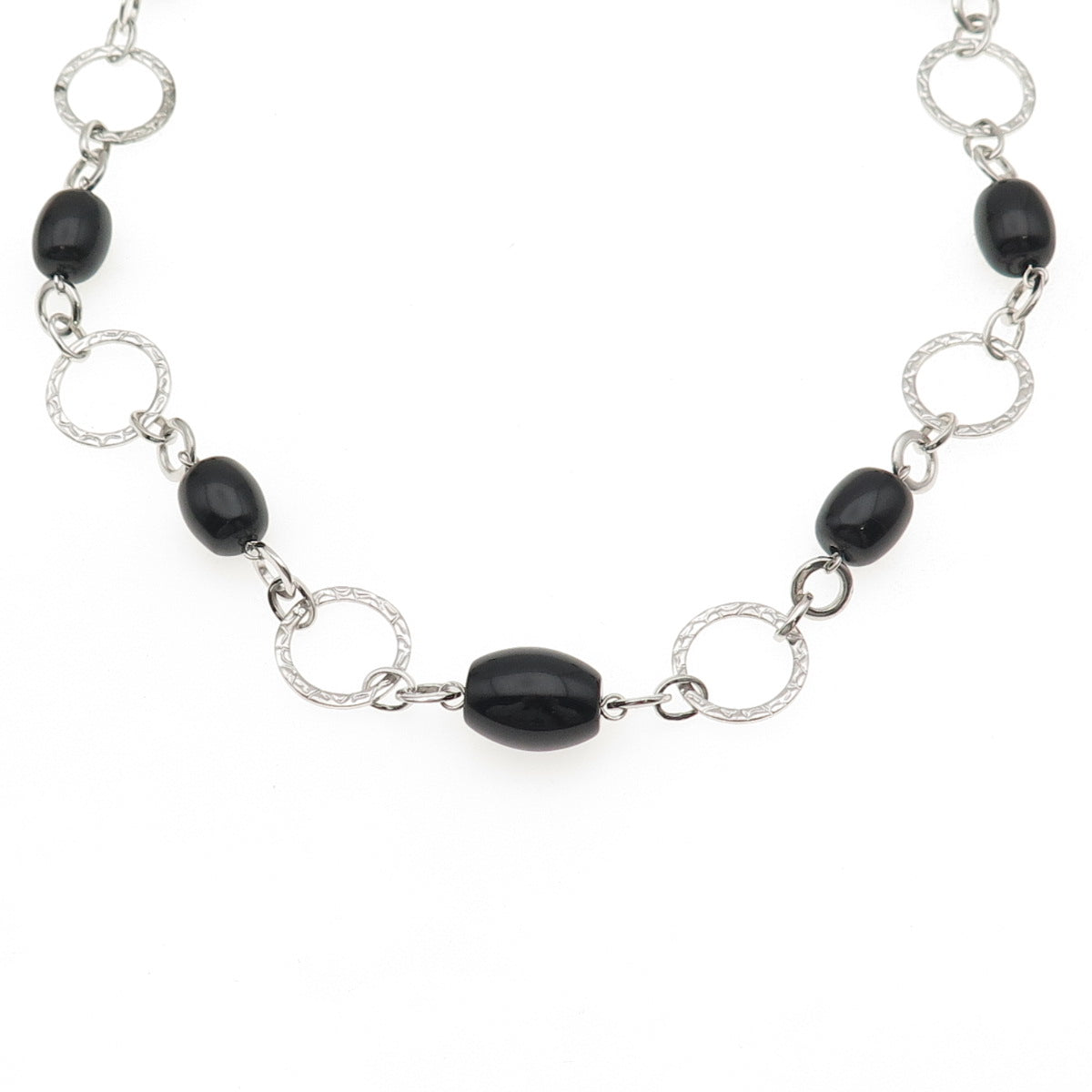 HN Heng Ngai Sterling Silver Vintage Real Black Onyx Circle Chain Necklace 18"