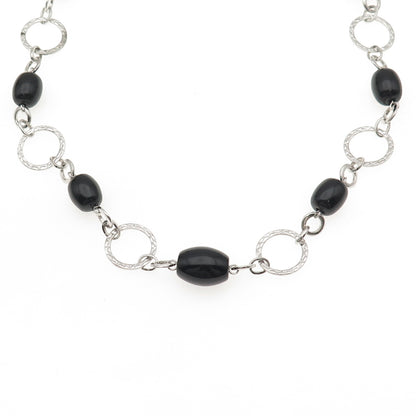 HN Heng Ngai Sterling Silver Vintage Real Black Onyx Circle Chain Necklace 18"