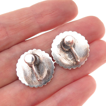 925 Sterling Silver Antique Art Deco Sun Shield Oxidized Screw Back Earrings