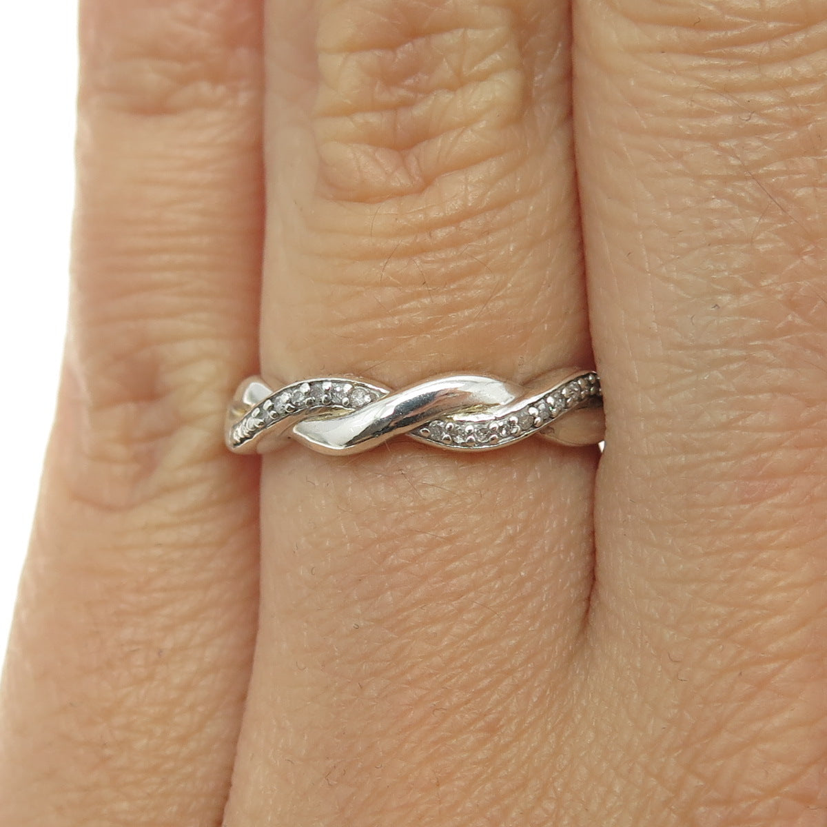 SAMARA SJD 925 Sterling Silver Real Round-Cut Diamond Twisted Ring Size 6.25