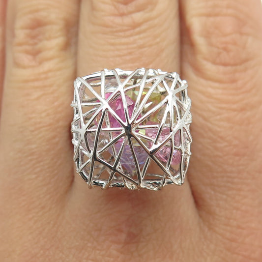 925 Sterling Silver Multi-Color C Z Spiderweb Modernist Domed Ring Size 9