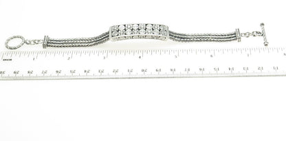 925 Sterling Silver Vintage Floral ID 3-Row Wheat Link Bracelet 6.75"