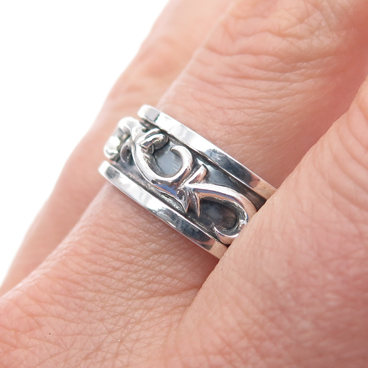 925 Sterling Silver Vintage Modernist Swirl Oxidized Rotating Band Ring Size 13
