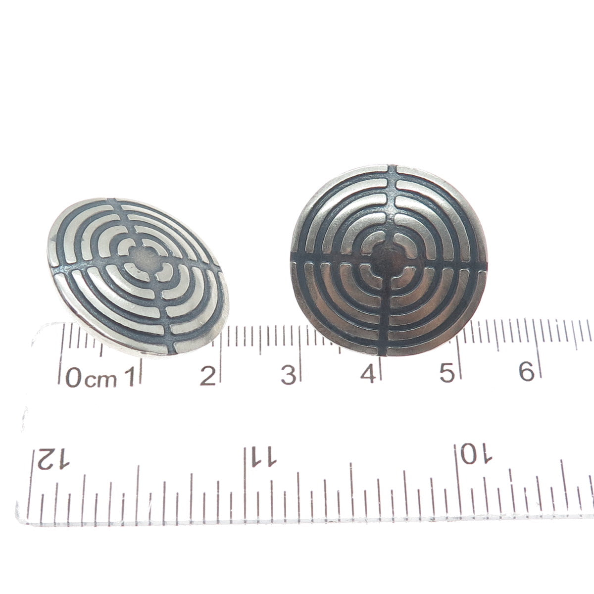 925 Sterling Silver Vintage Mexico Maze Oxidized Round Earrings