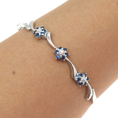 925 Sterling Silver Round-Cut Blue & White C Z Flower Bangle Bracelet 7"