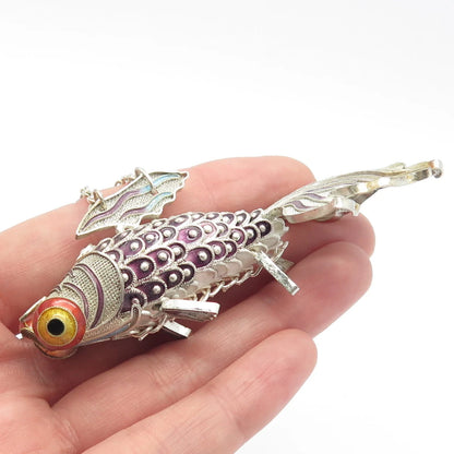 925 Sterling Silver Antique Enamel Chinese Koi Fish Chatelaine Fob