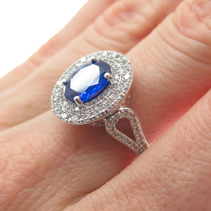 925 Sterling Silver Blue Oval-Cut & White Round-Cut Shaped C Z Ring Size 7
