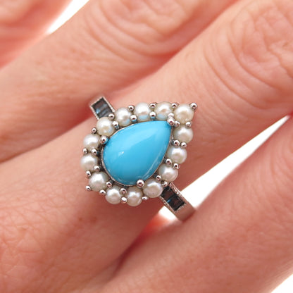 925 Sterling Silver Real Turquoise Pearl & London Blue Topaz Ring Size 8