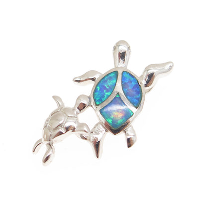 925 Sterling Silver Real Blue Opal Gemstone Mother & Baby Turtles Slide Pendant