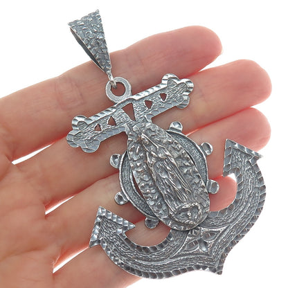 925 Sterling Silver Vintage St. Mary Anchor Diamond-Cut Oxidized Pendant