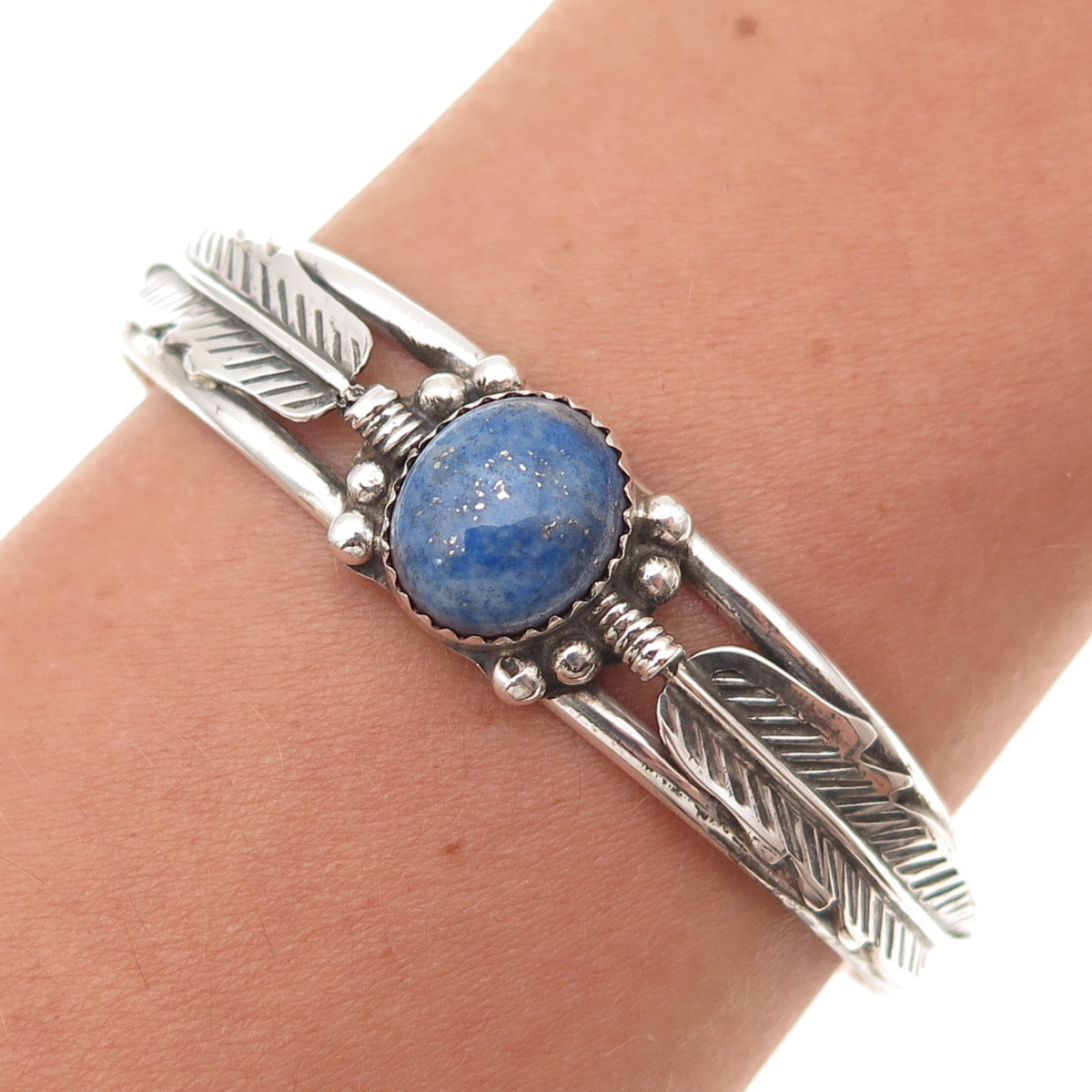 Old Pawn 925 Sterling Silver Vintage Lapis Feather Adjustable Bracelet 6.25"