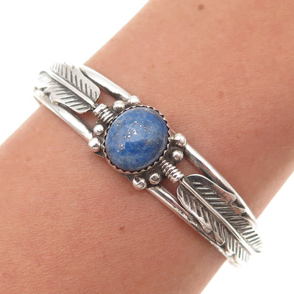 Old Pawn 925 Sterling Silver Vintage Lapis Feather Adjustable Bracelet 6.25"