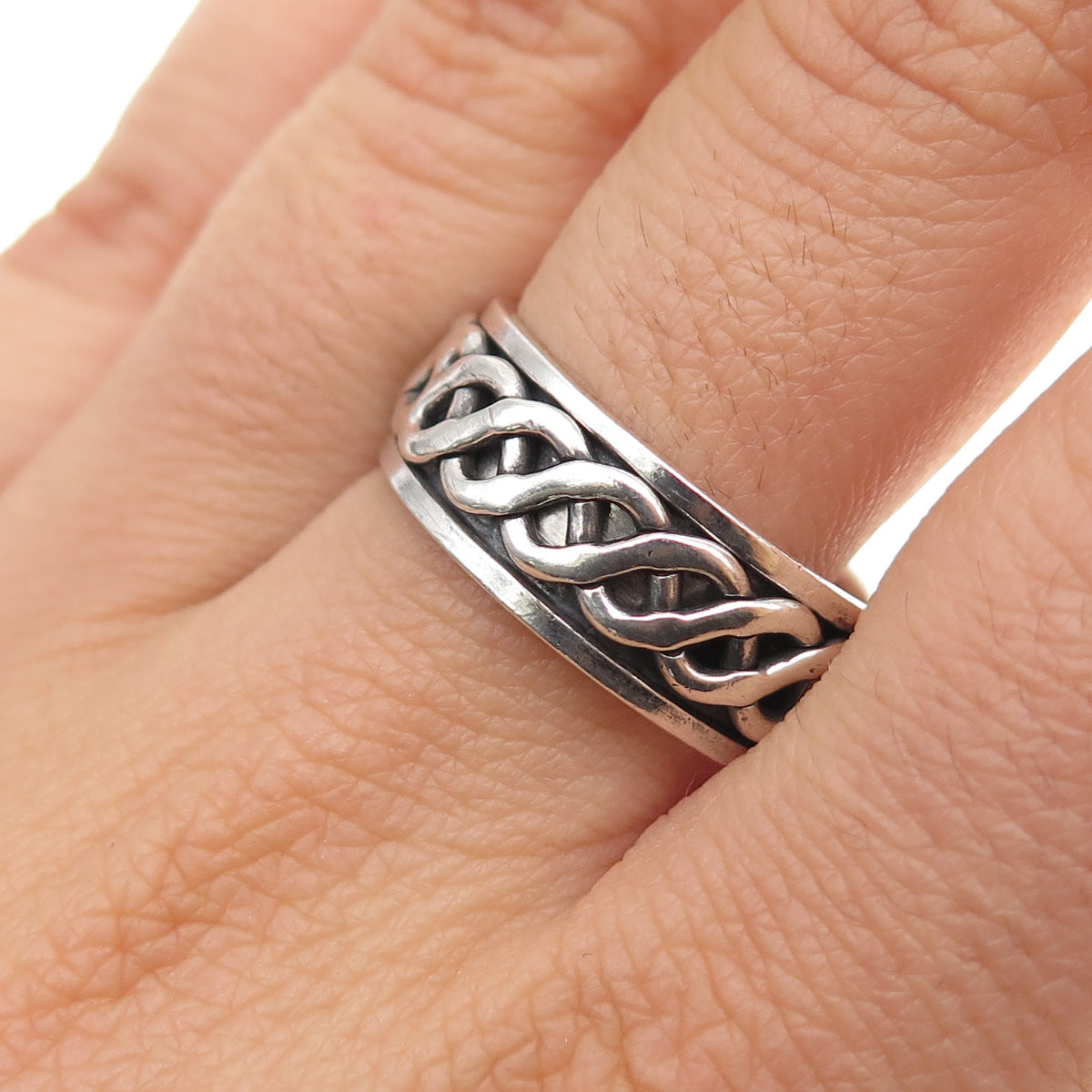 925 Sterling Silver Vintage Braided Oxidized Rotating Band Ring Size 9.75