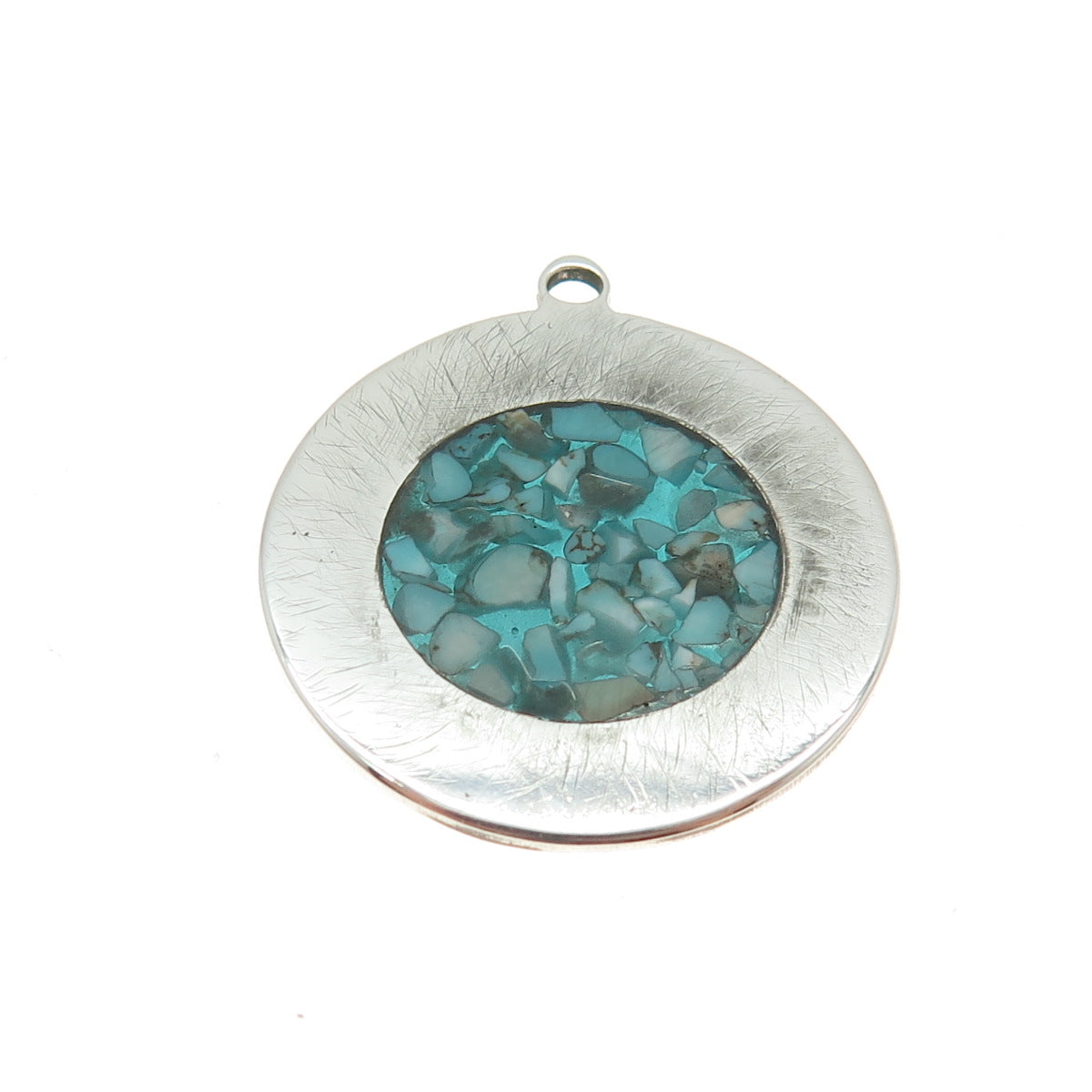 925 Sterling Silver Vintage Real Turquoise Inlay Round Pendant