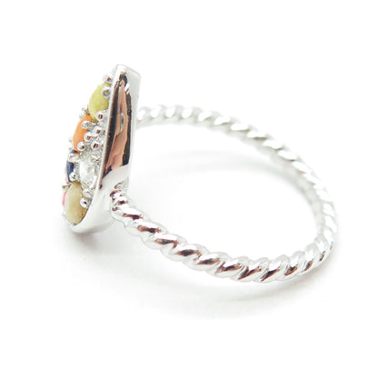 925 Sterling Silver Real Multi-Color Sapphire & White Topaz Teardrop Ring Size 8