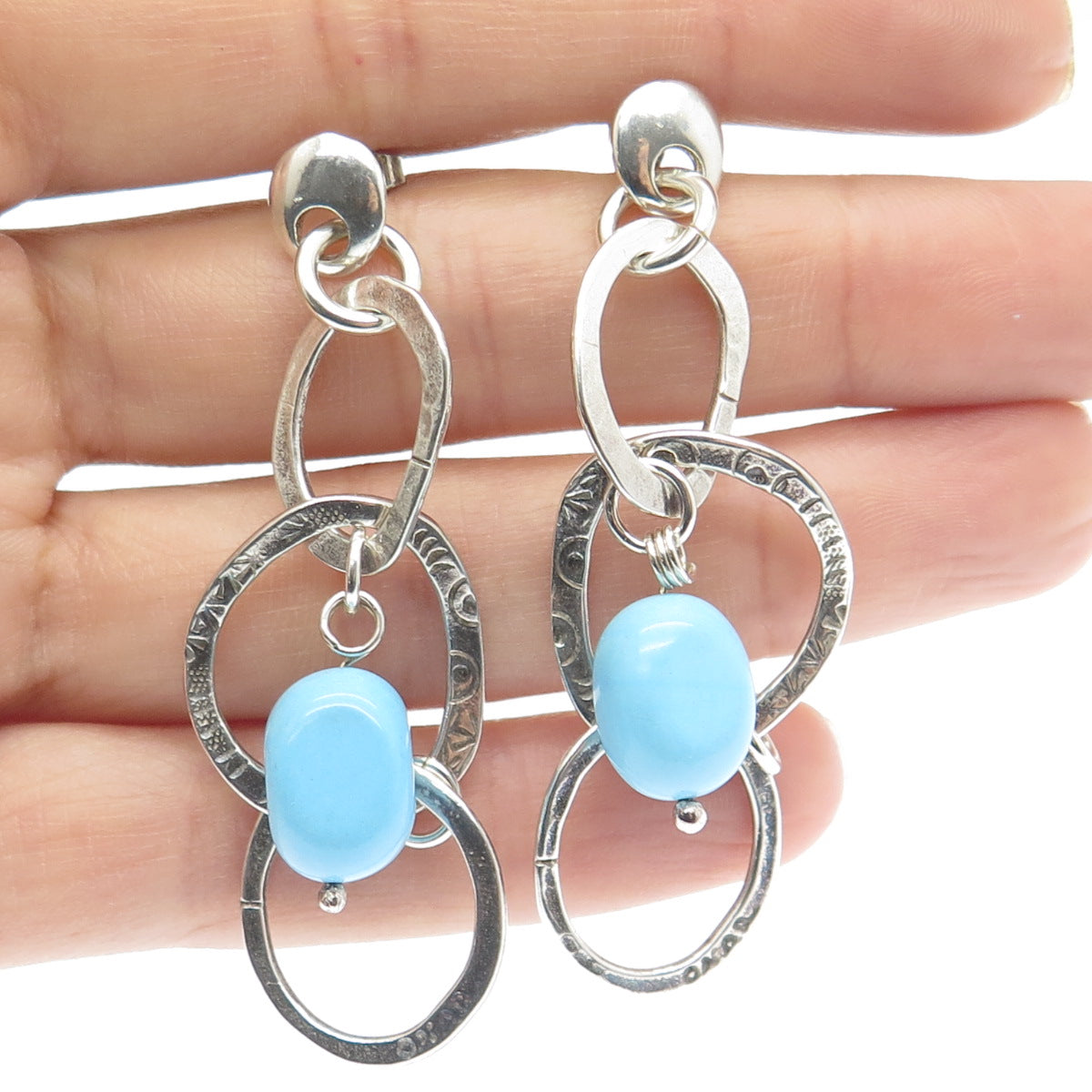 925 Sterling Silver Vintage Real Turquoise Modernist Drop Circle Dangle Earrings