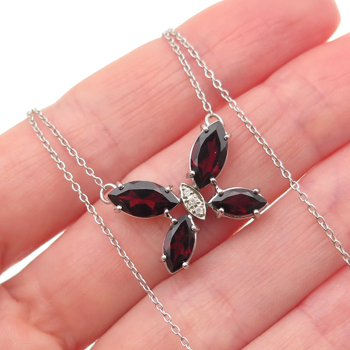 925 Sterling Silver Real Diamond & Red Garnet Butterfly Cable Chain Necklace 18"