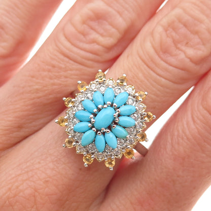 Chuck Clemency Sterling Silver Real Turquoise White Topaz & Citrine Ring Size 8
