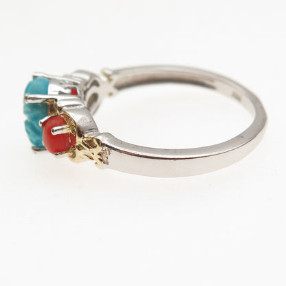 Chuck Clemency 925 Sterling Silver 2-Tone Real Turquoise & Coral Ring Size 8