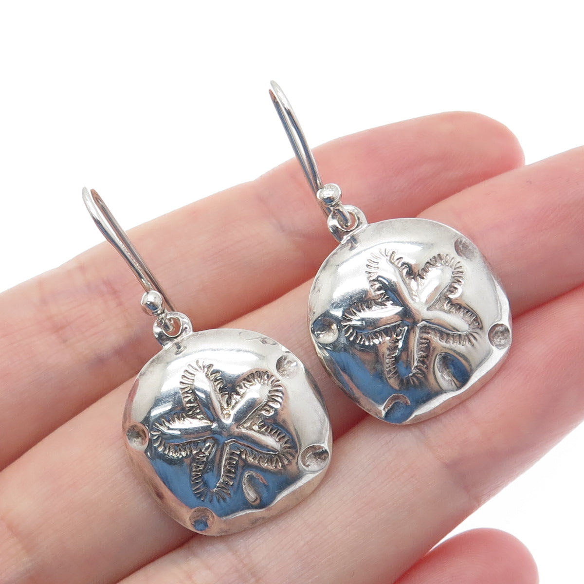 SX SALLY C 925 Sterling Silver Vintage Sand Dollar Oxidized Dangle Earrings