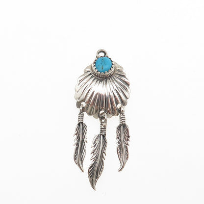 Old Pawn 925 Sterling Silver Vintage Turquoise Snake Eye Feather Tribal Pendant