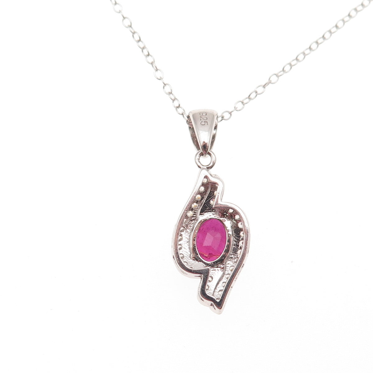 925 Sterling Silver Real Oval-Cut Ruby & Round-Cut C Z Cable Chain Necklace 18"