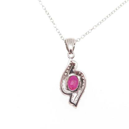 925 Sterling Silver Real Oval-Cut Ruby & Round-Cut C Z Cable Chain Necklace 18"