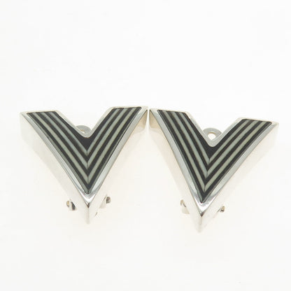 925 Sterling Silver Vintage VSS Enamel Modernist "V" Clip On Earrings