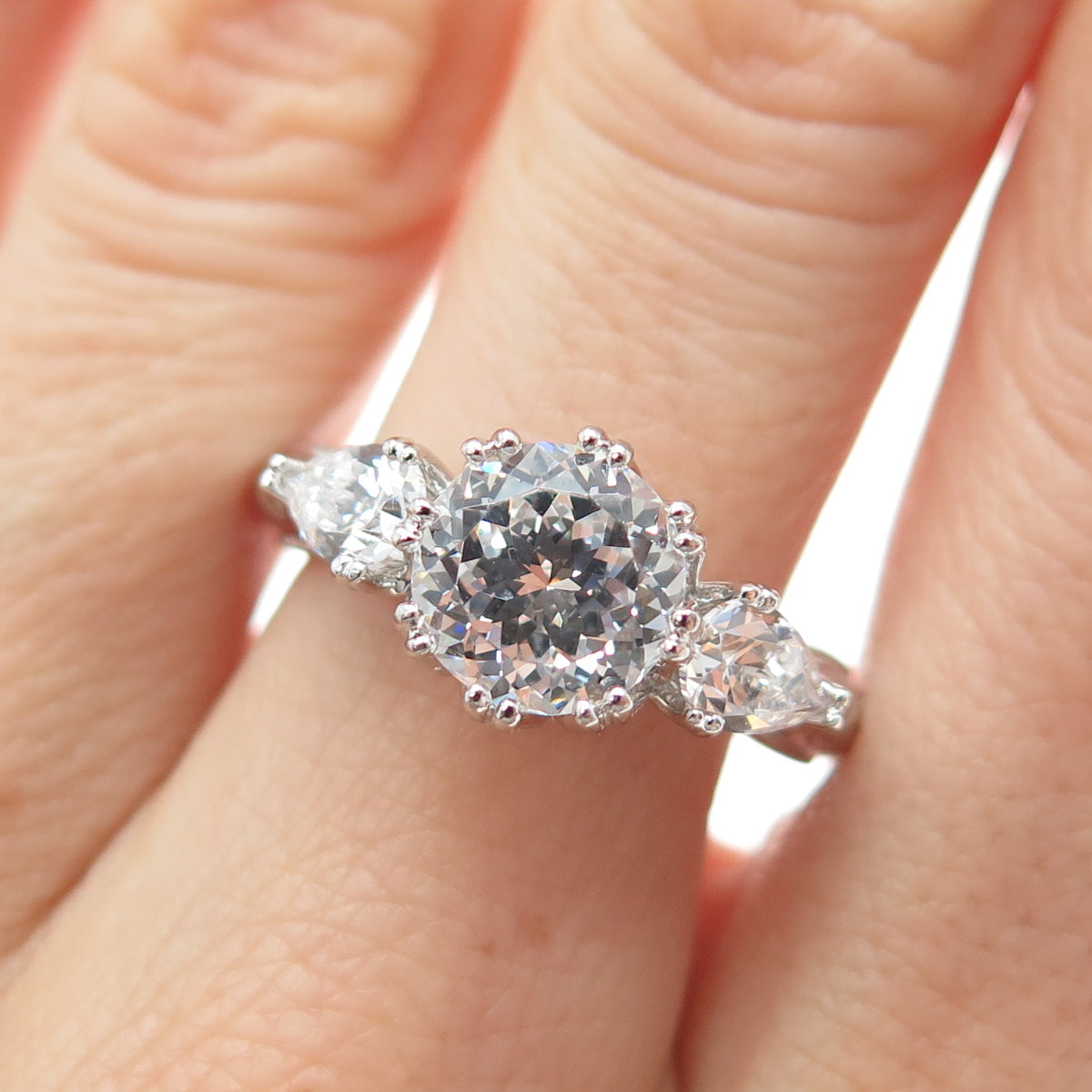 TACORI 925 Sterling Silver Round & Pear-Cut C Z Engagement Ring Size 8.25