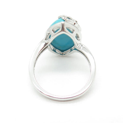 925 Sterling Silver Real Round-Cut Diamond & Turquoise Floral Ring Size 10