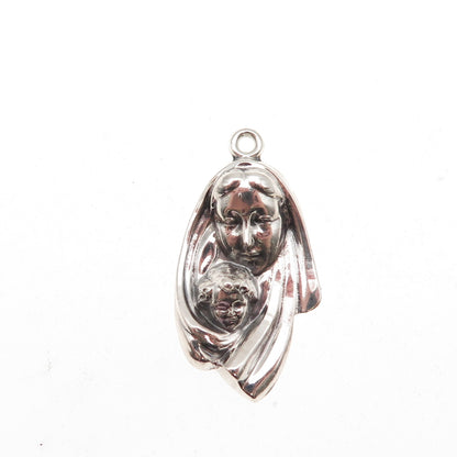 925 Sterling Silver Vintage St. Mary & Jesus Oxidized Charm Pendant